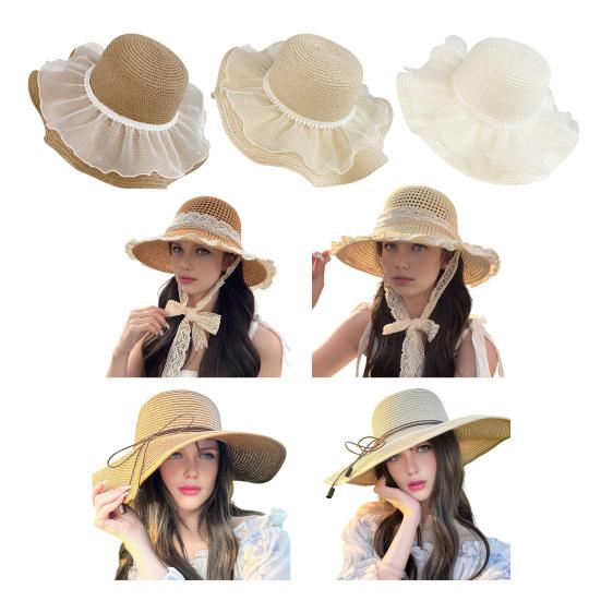 Beach Hat Natural High-Density Straw Fabric Sun Protection Wide Brim Dome Design Sun Hat Lace Bow Faux Pearls Decor Summer Hat