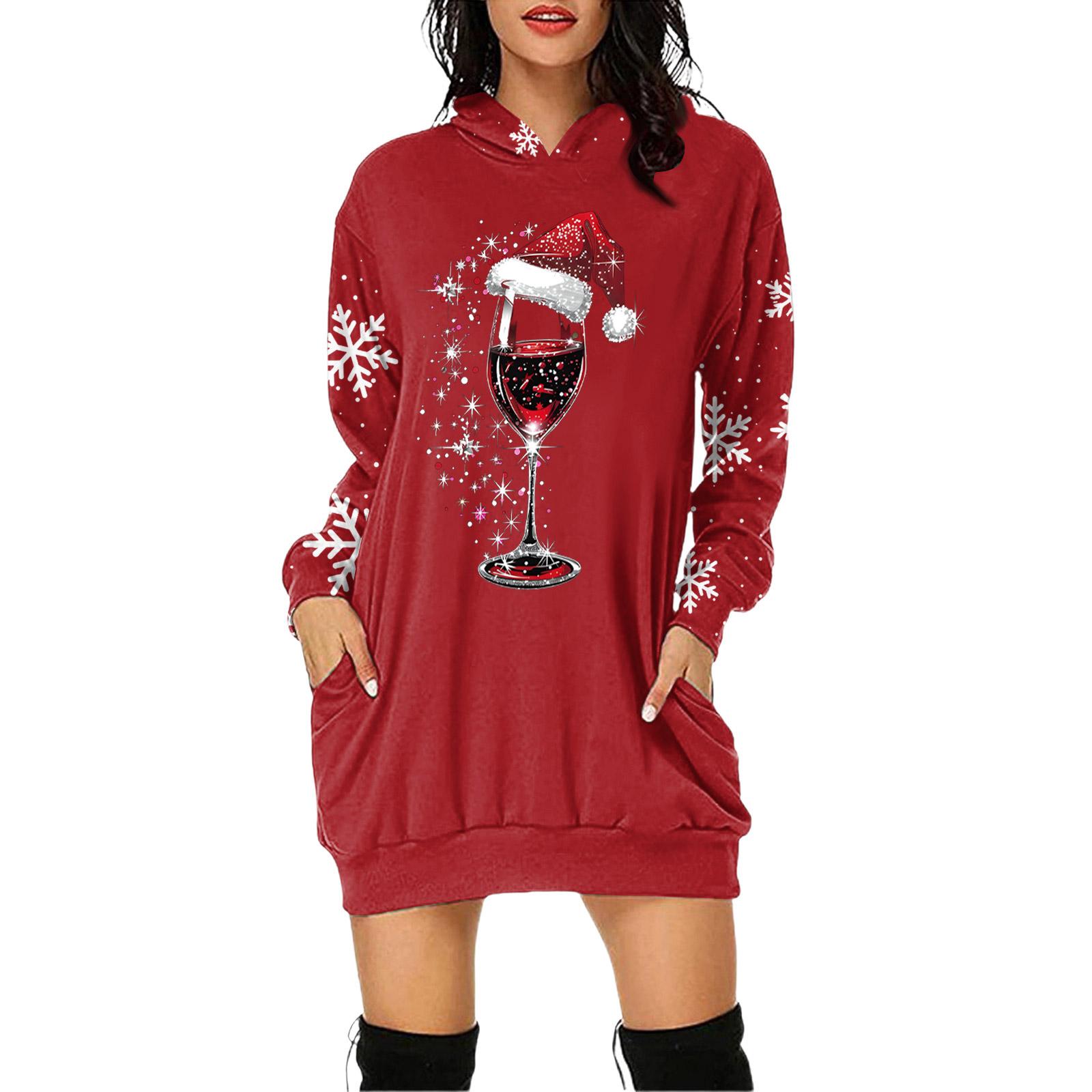 

Женское платье-пуловер с капюшоном и карманом с рождественским принтом и длинным рукавом XL красный