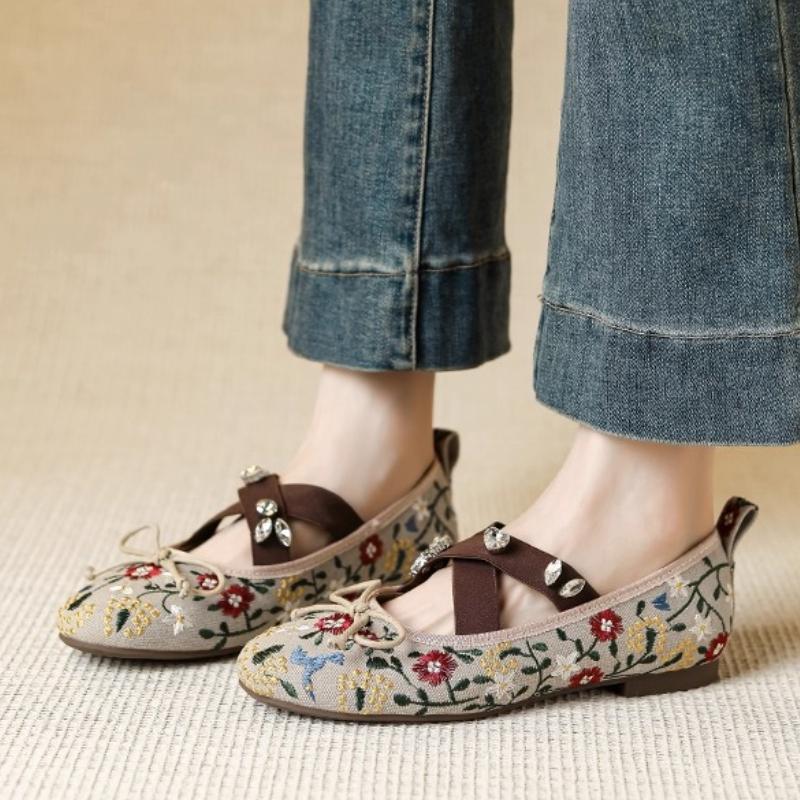 Elegant Embroidered Bow Design Ballet Flats Women Luxury Crystal Cross Tied Leopard Print Mary Jane Shoe Cozy Lightweight Loafer