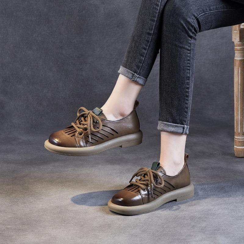 Fashion Vintage Cowhide Brown Flat Sole Women's Shoes Hollow Out Breathable Women's Shoes Summer Women's Shoes Soft and Healthy