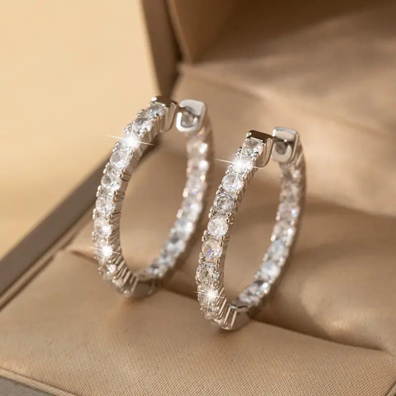 Silver Plated Full Paved CZ Hoop Earrings, Sparkling in & Out Crystal Huggie Hoops for Women