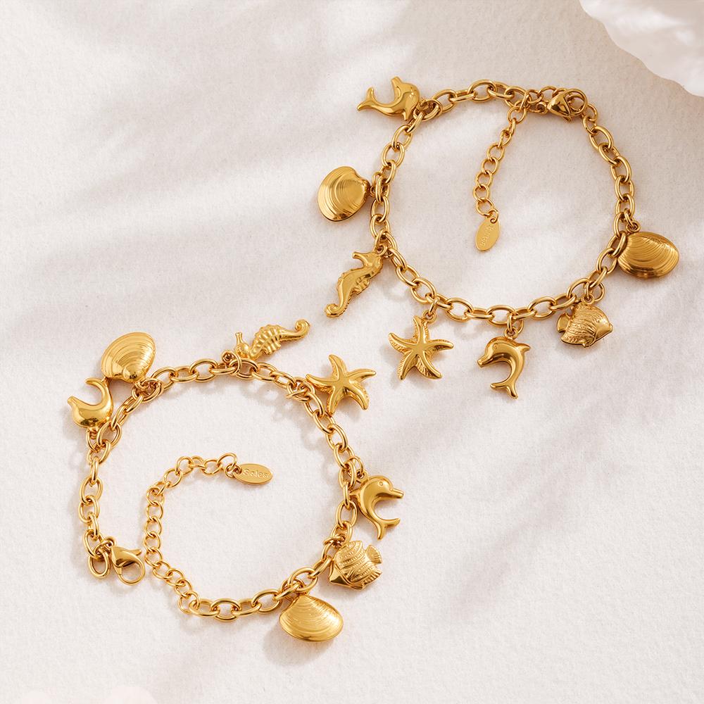 316 Stainless Steel Gold-plated 18K Femme Bracelet Women Fashion Starfish Dolphin Shell Pendant Hand Bracelet 2025 Trend Zircon
