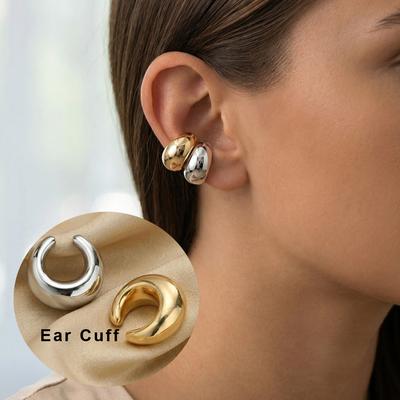 No Piercing Ear Cuff Set Silver-Gold Mixed Color Chunky Fluid Wave Clip On Earrings Stackable Jewelry Women