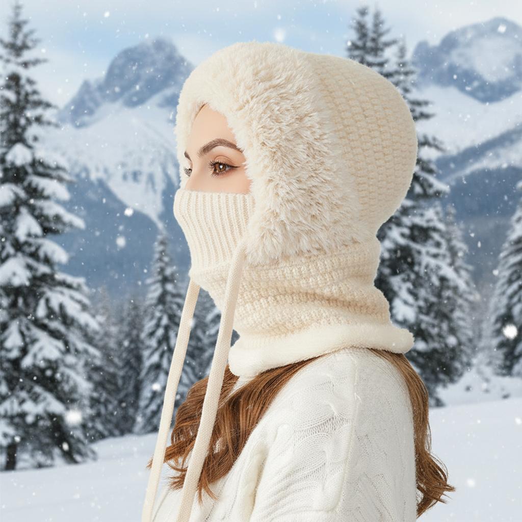 Women 3 in 1 Hooded Skull Cap with Scarf and Mask Fleece Lined Knit Hat Set Warm Winter Knitted Hat