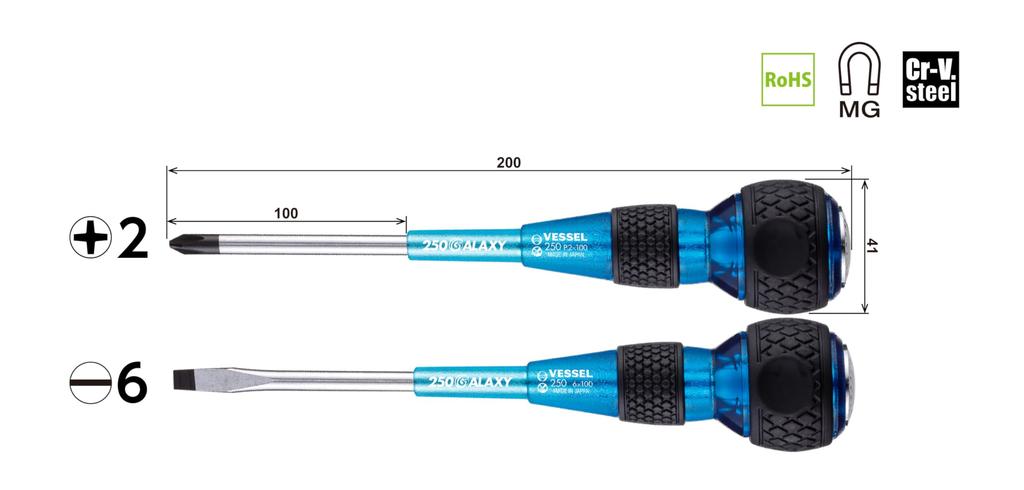 VESSEL Safety Penetration Ball Grip Driver, Galaxy Blue, Set of 2, +2 x 100/-6 x 100, 250-2PS-GBL