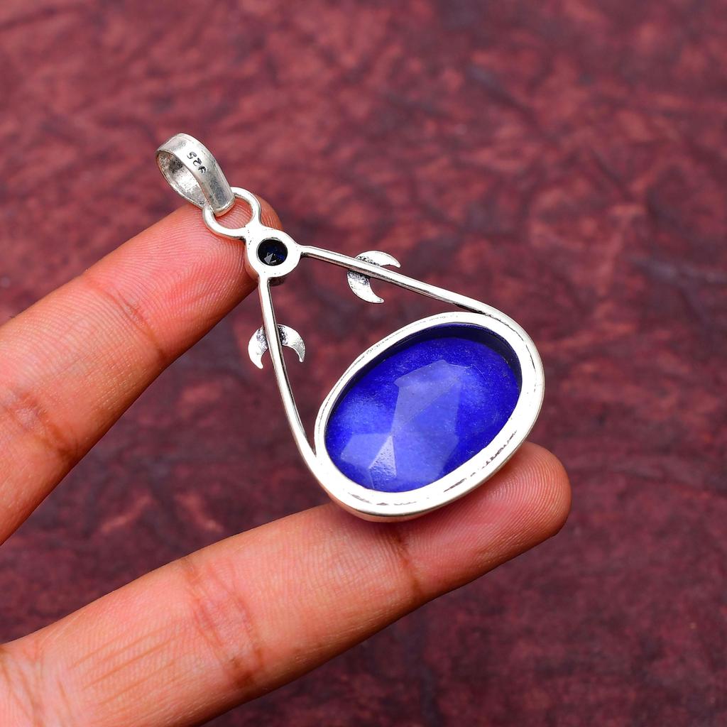 Blauer Saphir Edelstein Anhänger : 925er Sterlingsilber Handgefertigter Schmuck Anhänger