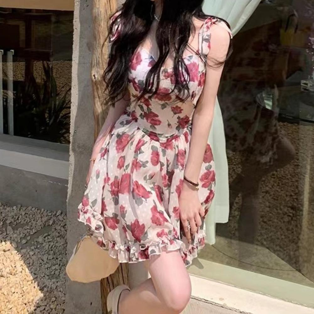 Ruffle Floral Dress Women Rose Sling Strap Sundress French Style Mini Sleeveless Dress Lolita