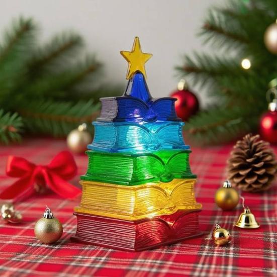Colorful Book Lamp Stacked Tomes Christmas Tree Night Light Warm LED Lights Bedside Lamp for Holiday Decor Book Lovers Xmas Gift