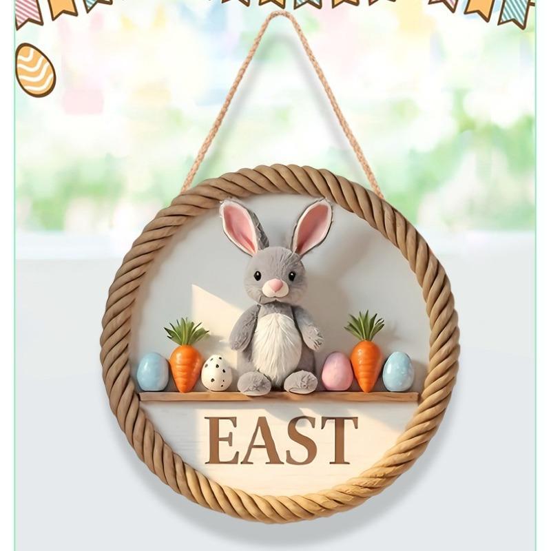 Easter Wooden Round Door Sign - Bunny Egg Hanging Plaque Decor Handmade Wood Holiday Ornament for Home Garden Party
