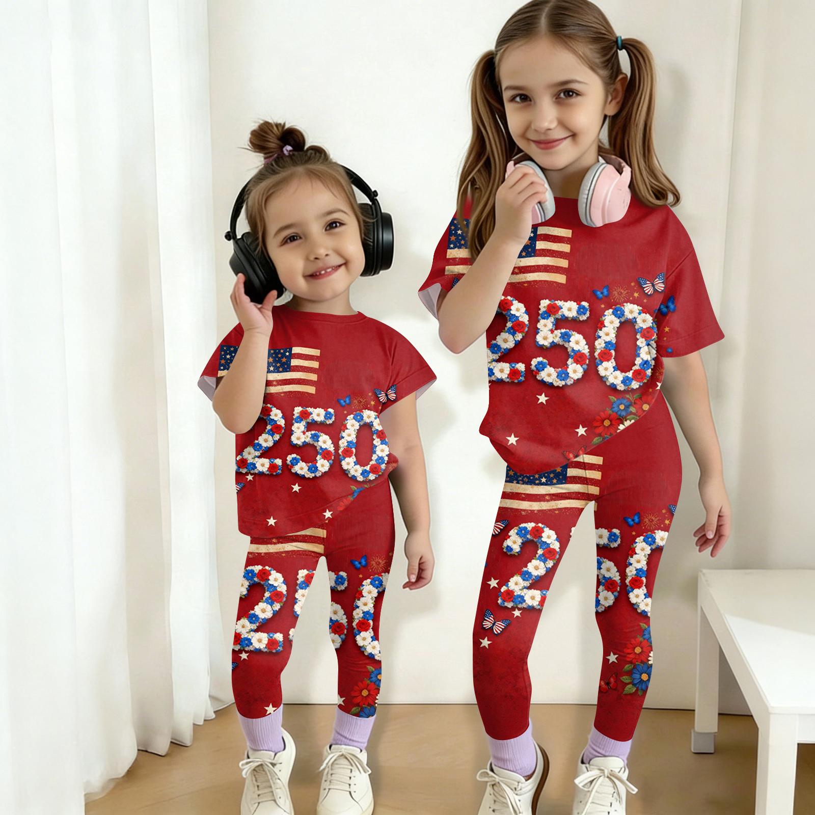 

Boys And Girls Independence Day Print Set Kids Casual Short Sleeve Top And Long Pants Set 150 кавун червоний колір