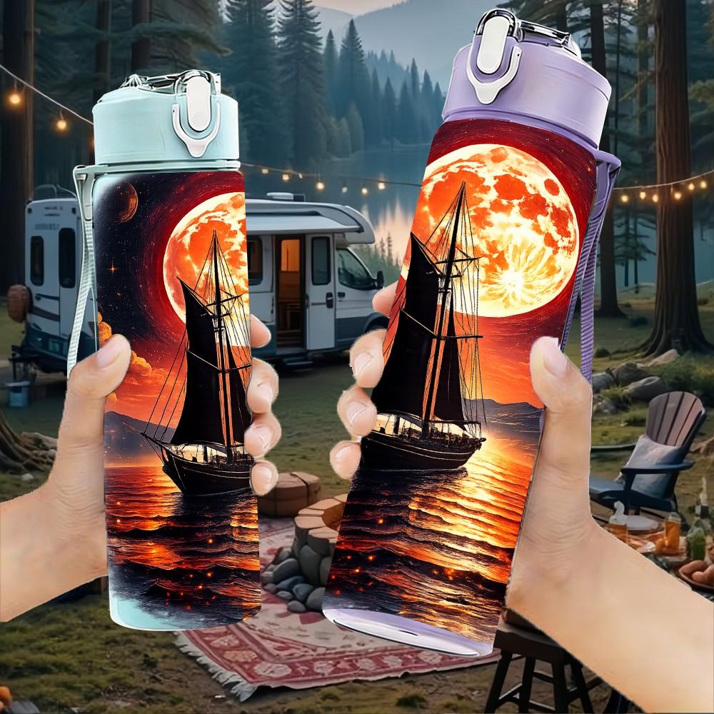1PC Moon Sailboat Ocean Night Scene Print 750ml Color Plastic Sports Water Bottle Leakproof Flip Straw Lid Suitable for Sports Office Home Use