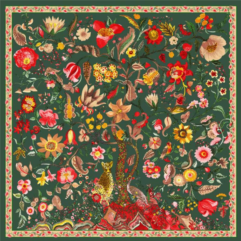 130*130cm Silk Scarf Luxury Women Large Shawls Animals Life Tree Print Stoles Square Bandana Kerchief Hijab Female Foulard