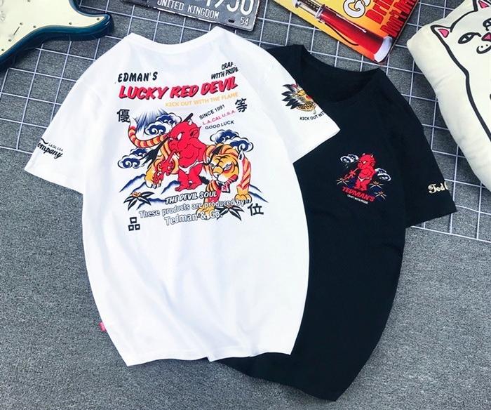 Japanese Tide Brand Lucky Ghost Little Devil Tiger Print Tiger Head Locomotive Pure Cotton Large Size T-shirt Men Women