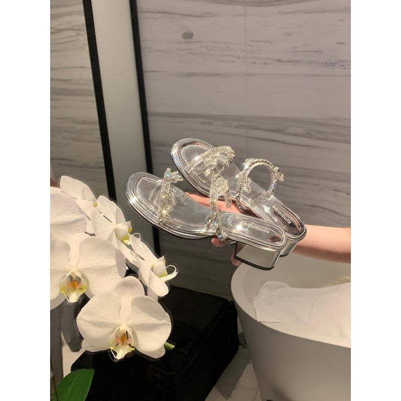 

~ Flash diamond exquisite word with rhinestone open toe height increase thick heel cool slippers women 35 серебряный