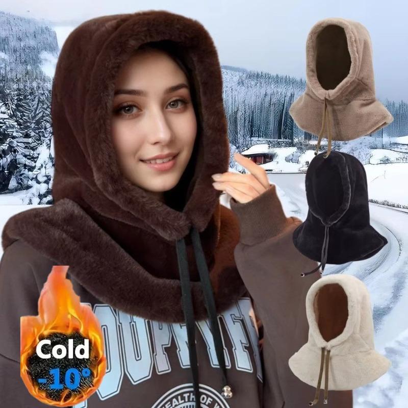 Fashion Autumn and Winter Thickened for Keep Warmth One-Piece Scarf Hat Women Ear Protection Plush Fluffy Shawl No Eaves Hat