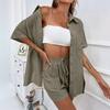Women's Turn Down Collar Half Sleeve Slim Fit Solid Color Top Shorts 2-Piece Set
