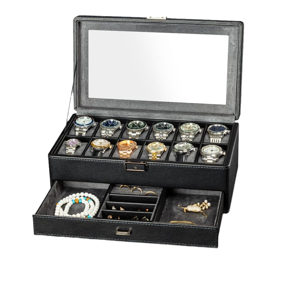 Lychee Grain PU Leather Watch & Eyeglass Storage Box with Multiple Slots