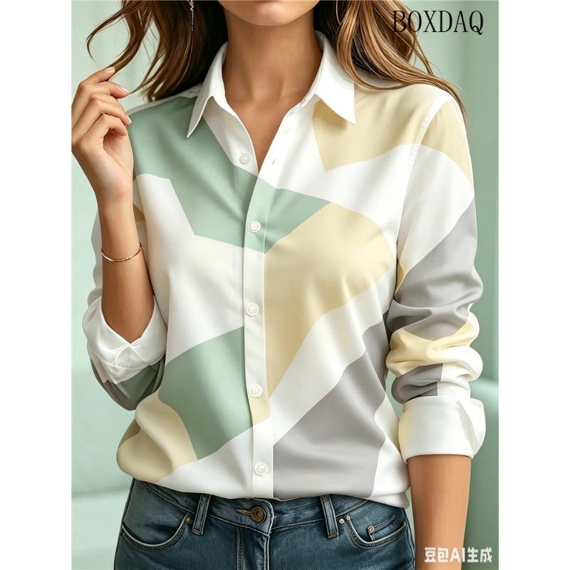Fashion Women's Button Geometric Color Blocks Printed Shirts Elegant Women's Office Long Sleeve Shirt 2026 Autumn Casual Blouses