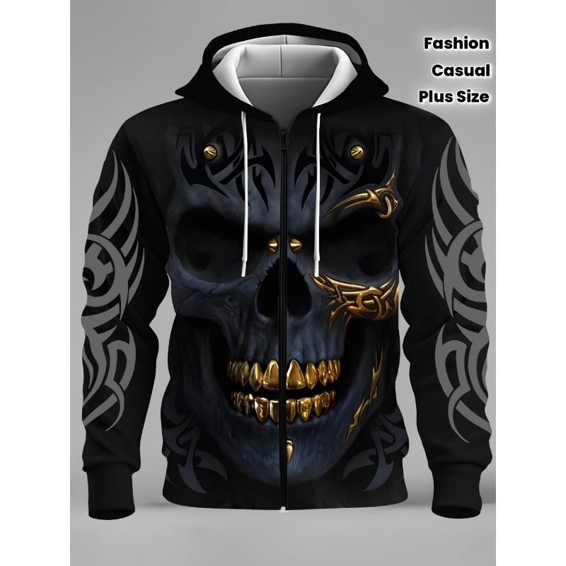 Men's Fashion Skull 3D Print Zipper Pocket Hoodie Clothing Spring Autumn Casual Sports Oversize Long Sleeve Sweatshirt Tops