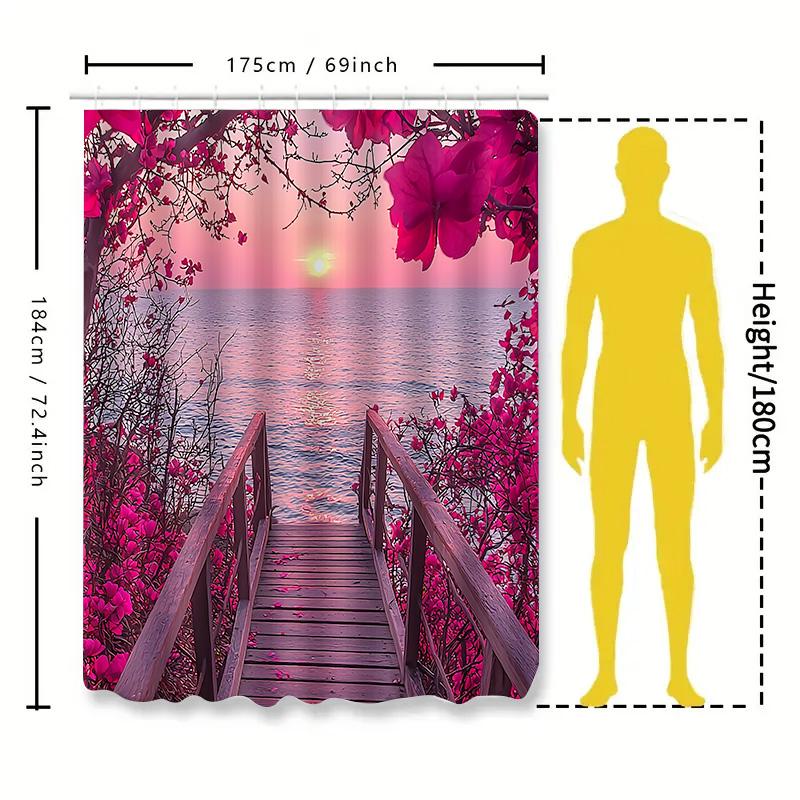 Stylish Shower Curtain With Scenic Sunset And Blossoming Flowers - Perfect For Home Decor Waterproof Durable Elevate Space