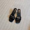 Leather French high-heeled square-head one-word slippers for women's outer wear 2025 new summer open-toed stiletto sandals