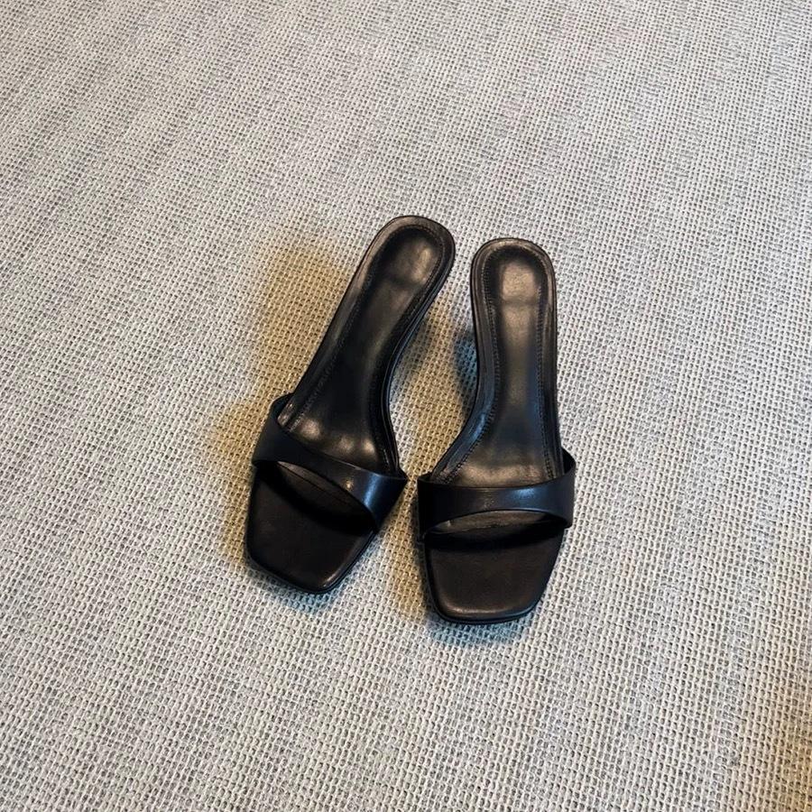 Leather French high-heeled square-head one-word slippers for women's outer wear 2025 new summer open-toed stiletto sandals