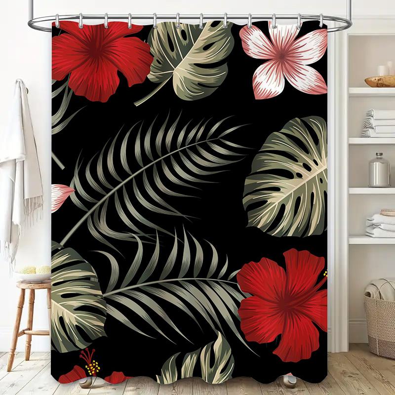 High-quality Shower Curtains Featuring a Tropical Hibiscus Pattern with Black Background In Red, Green, White, Pink Colors for H