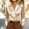 Women's Elegant Satin Long Sleeve V-Neck Blouse Cross Front Shirt Top for and Casual Wear