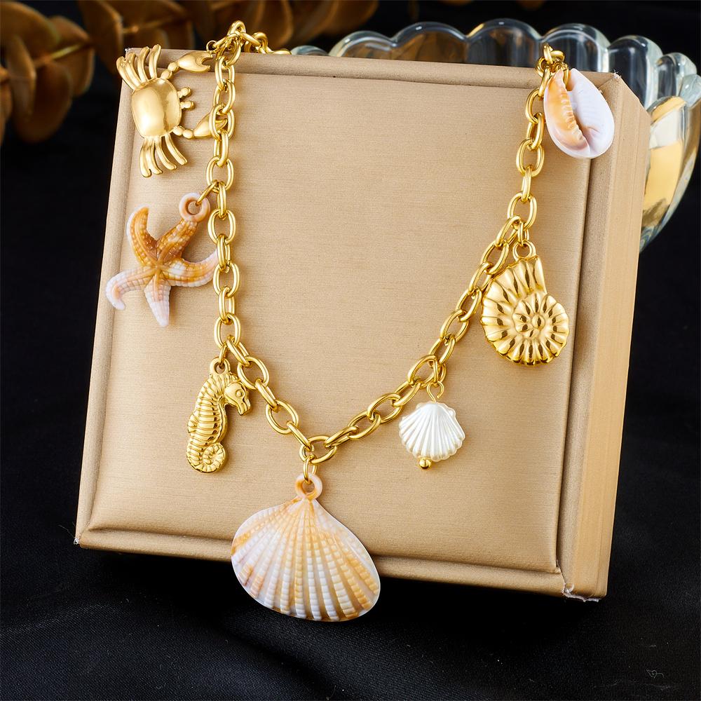 DIEYURO 316L Stainless Steell Pearl Starfish Imitation Shell Necklace For Women New Fashion Ocean Neck Chain Jewelry Gift