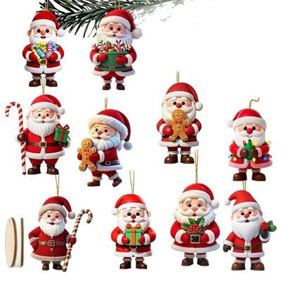 10 Pieces Set 2D Design Christmas Hanging Ornaments Wooden Candy Cane Design Holiday Pendant Decoration Santa Claus Ornaments