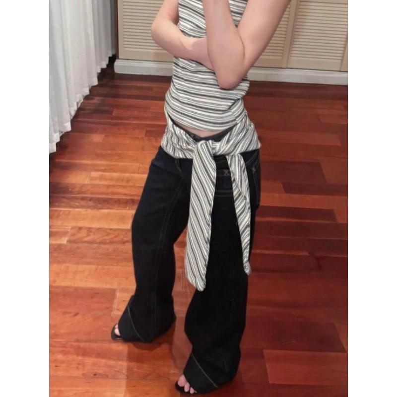 Damen Frühlings-Übergröße Vintage-inspiriert Knopfleiste Gewaschene Jeanshose Niedrige Leibhöhe Gerade Beine Lockerer Sitz Weiter Bein Hosen mit Tieferem Saum
