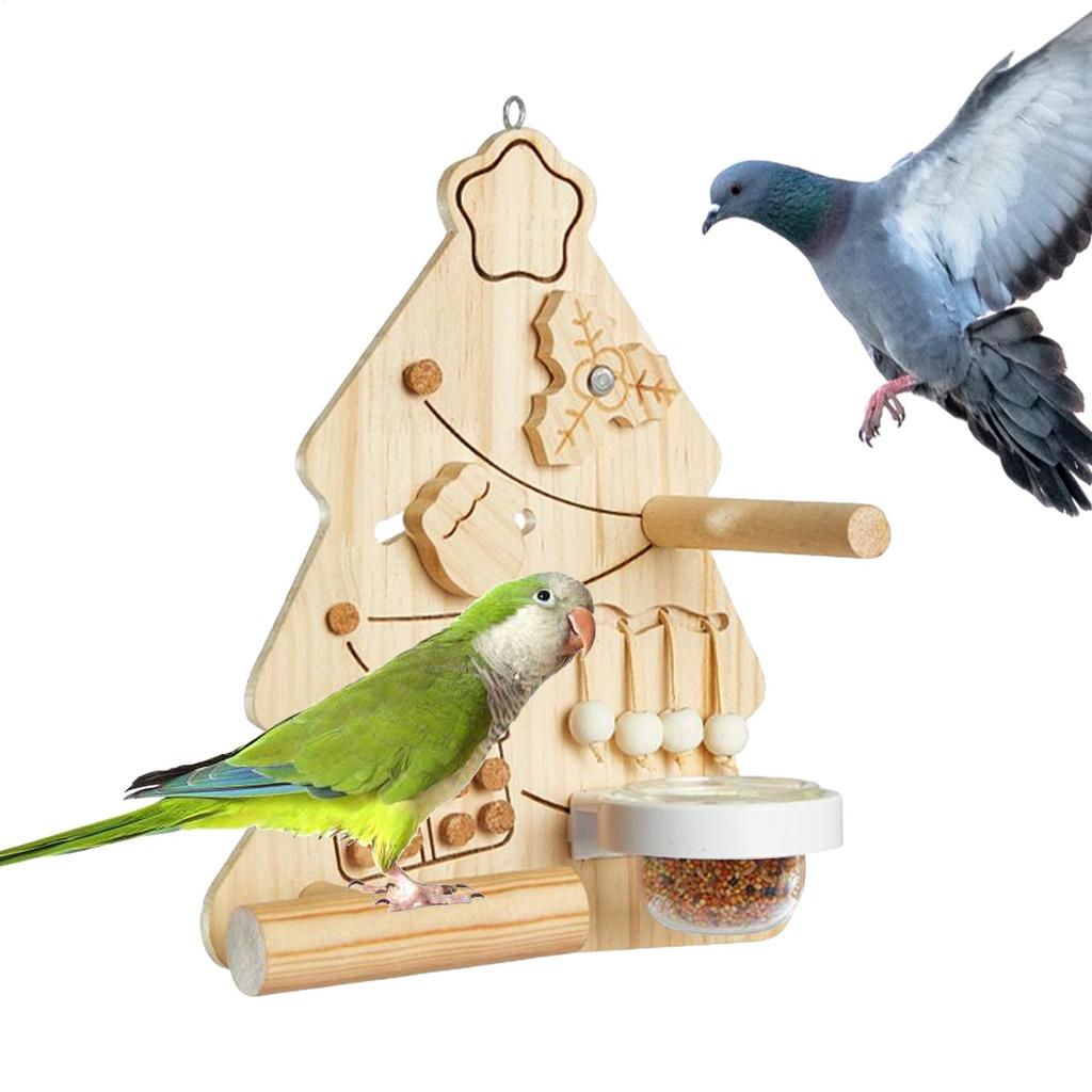 Bird Toy Chewing Christmas Tree Shaped Chewing Bird Playground Interactive Wooden Climbing Perch Enrichment For Cage Inside