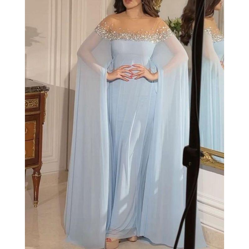 

Sexy Evening Dress Fashion Elegant Sexy High Waist Rhinestone Pearl Evening Dress for Banquet Blue S