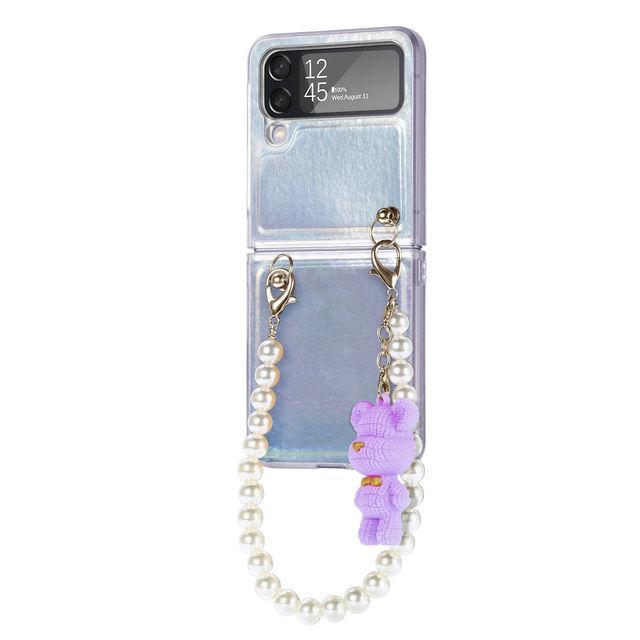 Für Samsung Galaxy Z Flip 4 5g Luxus Aurora Bunte Hülle mit Perlenkette Bär Anhänger Laser Gradient Bling Anti-Drop Cover