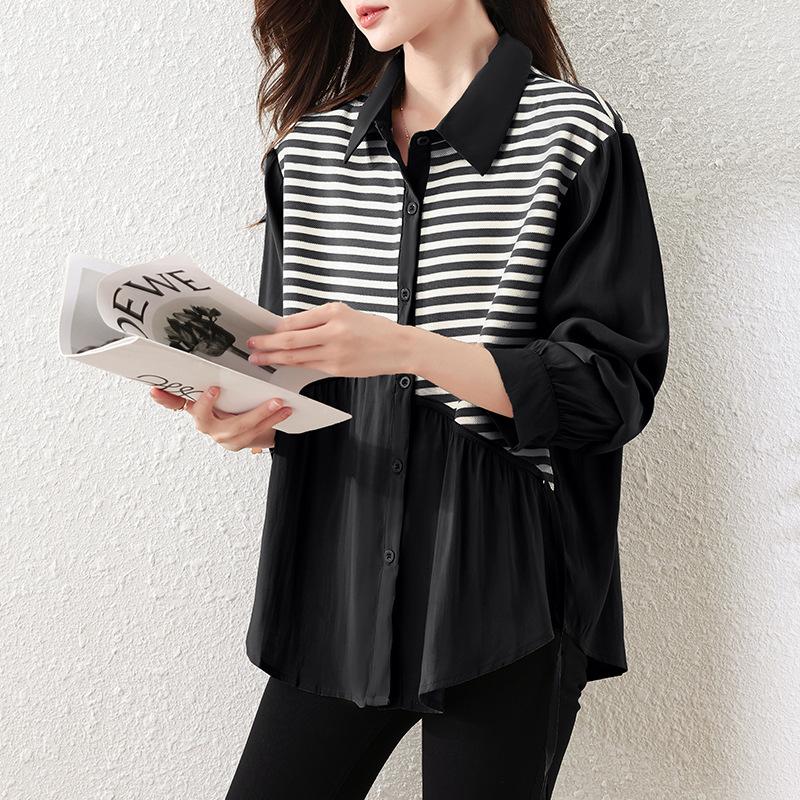 

Johnature Knitted Patchwork Polo Collar Shirt Spring Autumn Casual Simple Striped Irregular Loose Women Tops XXXL чёрный