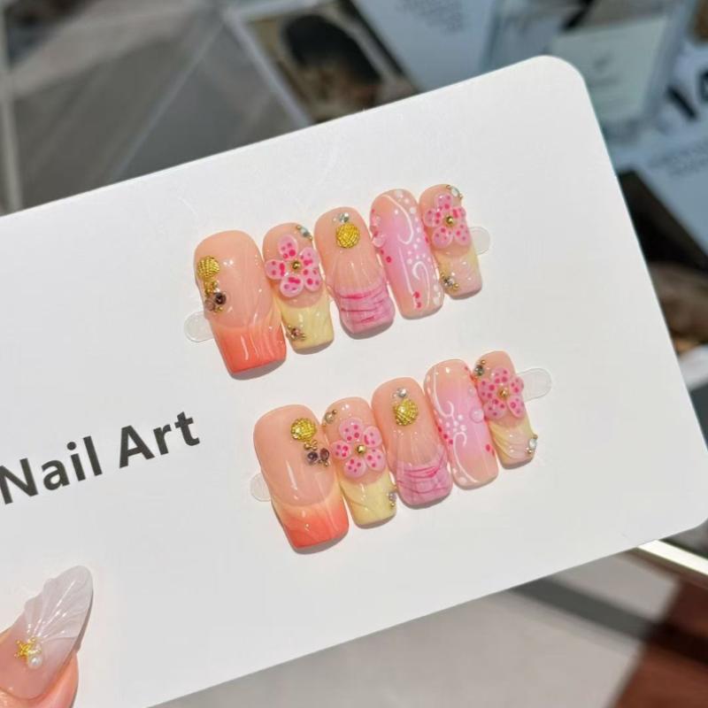 Pink Floral Gradient Press On Nails - Reusable Rhinestone False Nails XS