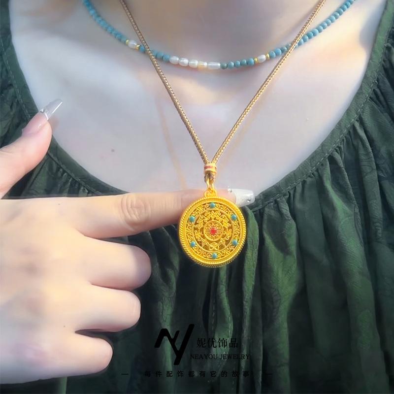 Meier Chinese style five blessings pendant, gold hollow ethnic style enamel compass necklace