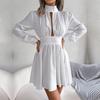 Sexy High Waist Hollow Out Swing Dress for Women Solid Color Large Size Autumn Winter Fashion