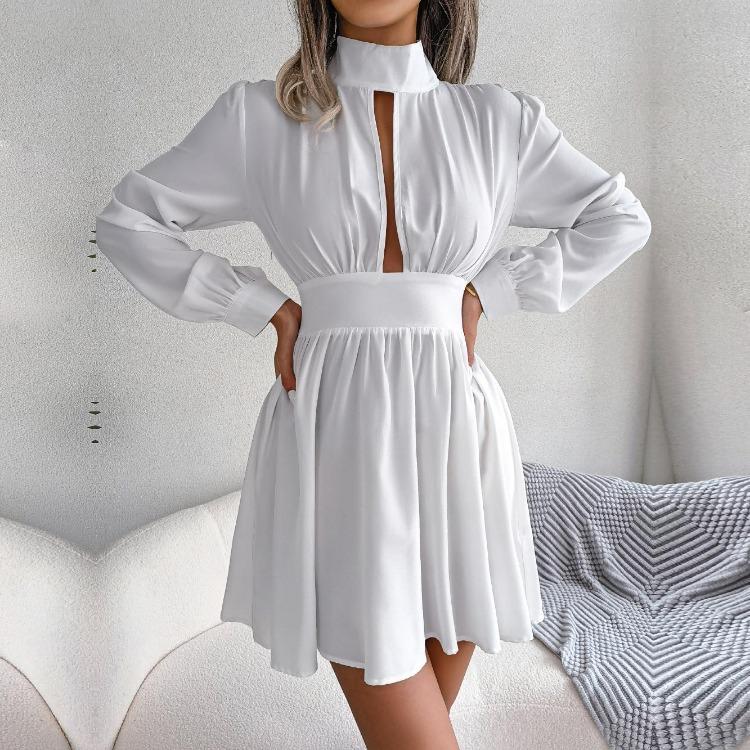 Sexy High Waist Hollow Out Swing Dress for Women Solid Color Large Size Autumn Winter Fashion