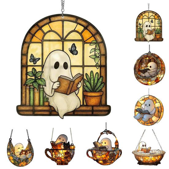 Halloween Acrylic Suncatcher Adorable Ghost Reading Book Pendant Black Cat Teacup Spooky Window Hanging Decoration for Home Parties Festivals