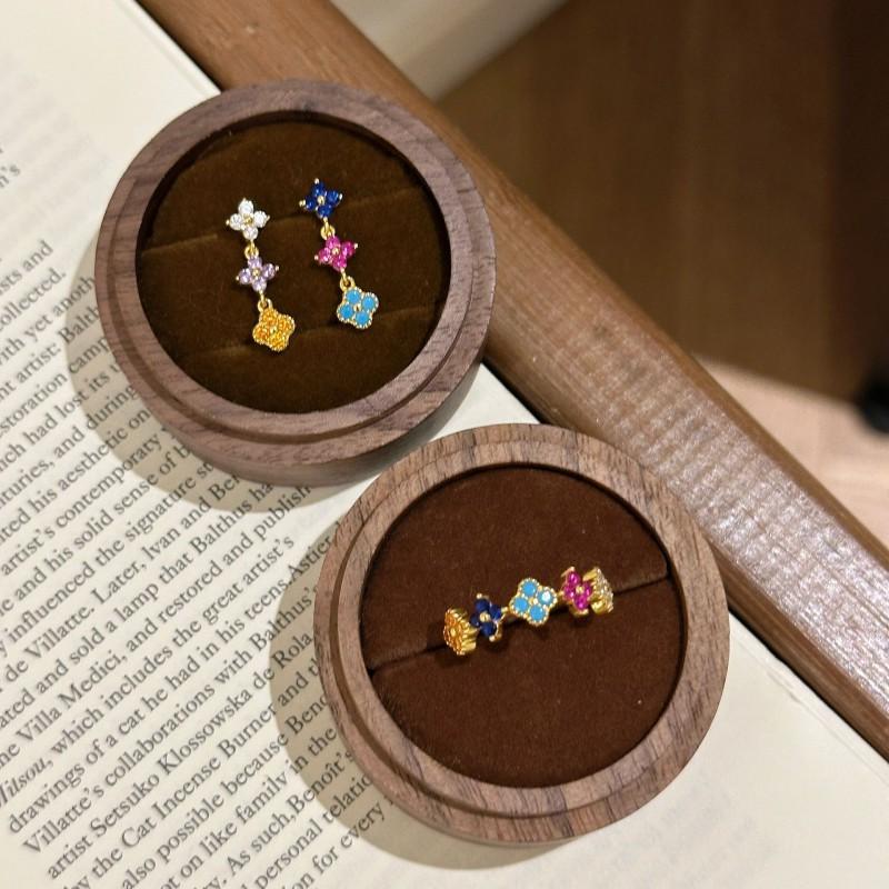 Sweet Rainbow Four Leaf Clover Stud Earrings Ring Set In Sterling With Crystal Accents Women