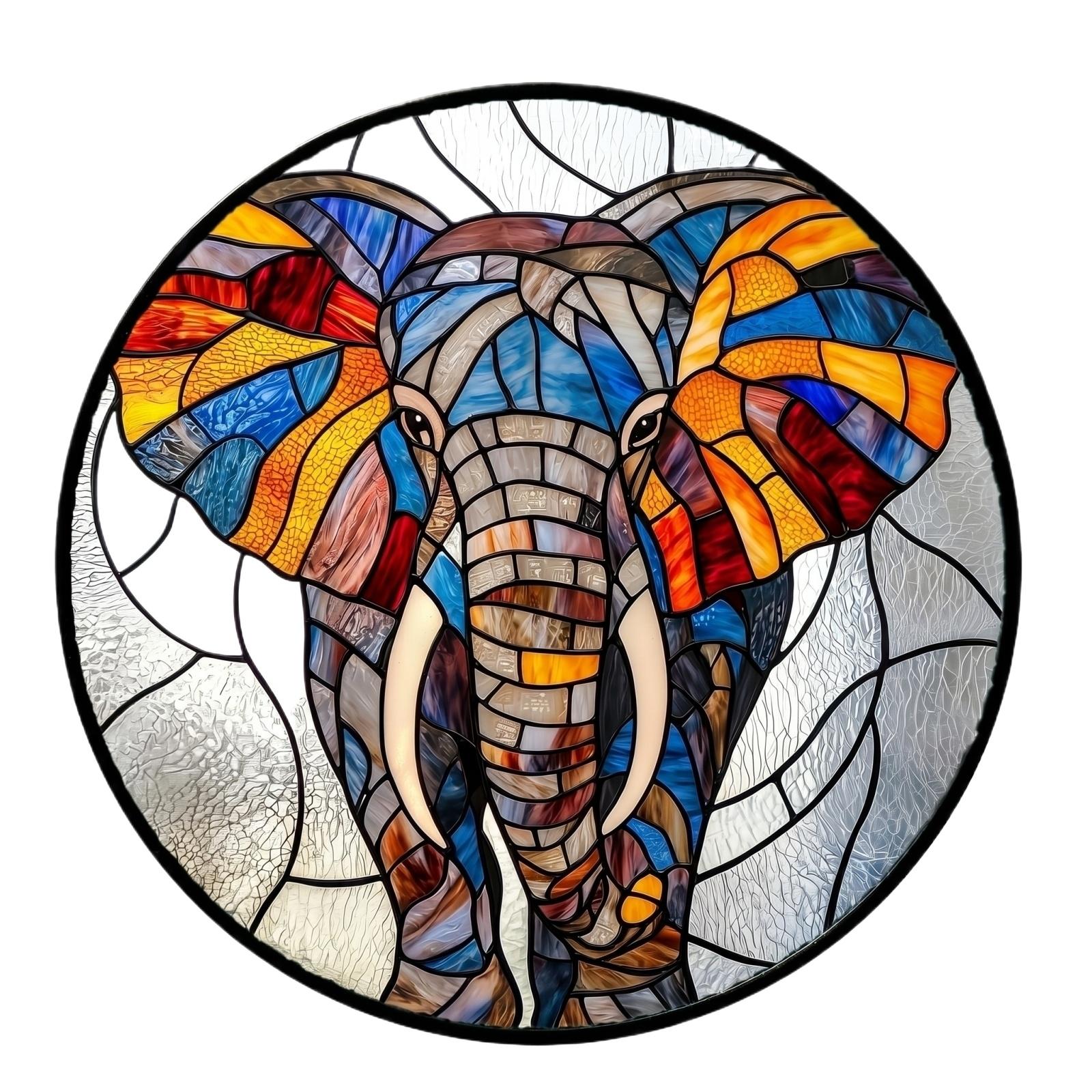 

Acrylic Puzzle Toy Hanging Decoration Elephant Design Stained Glass Style Round Shape Indoor Outdoor Wall Ornament One Size