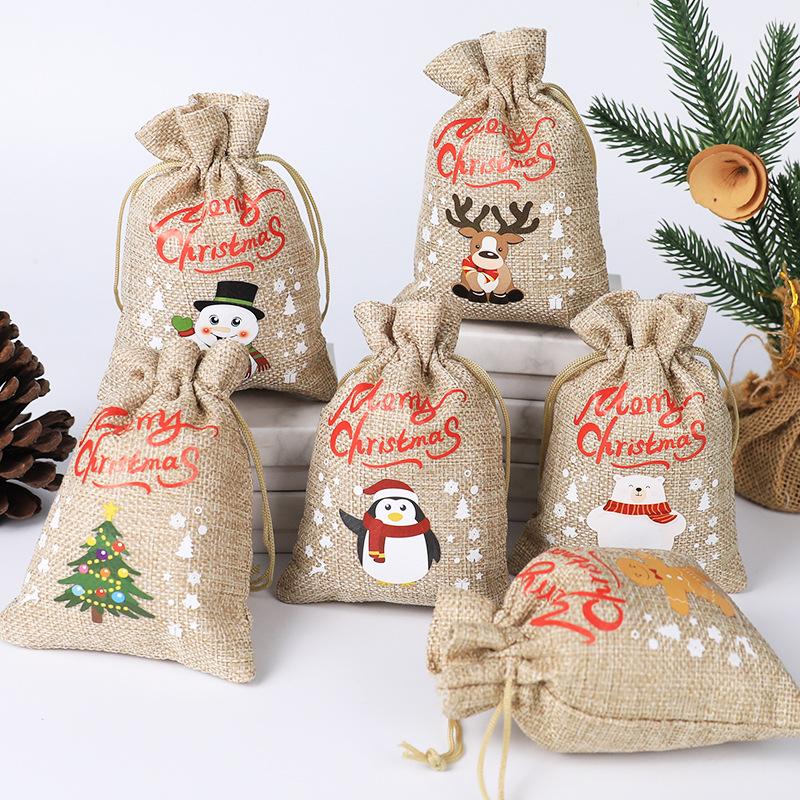 Christmas Candy Linen Bag Bundle Mouth Bag Colorful Cartoon Christmas Set Candy Gift Packaging Bag Santa Claus Gift Bags