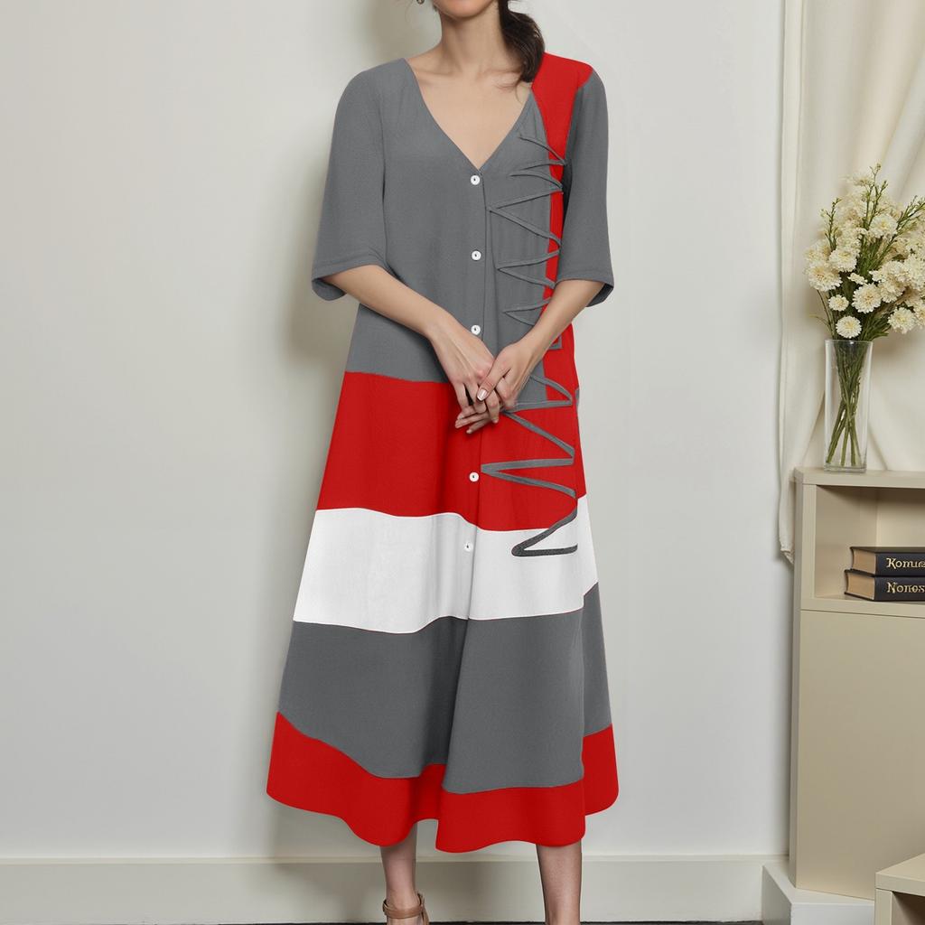 Women's Fashionable V-neck Short Sleeved Button Casual Printed Long Dress