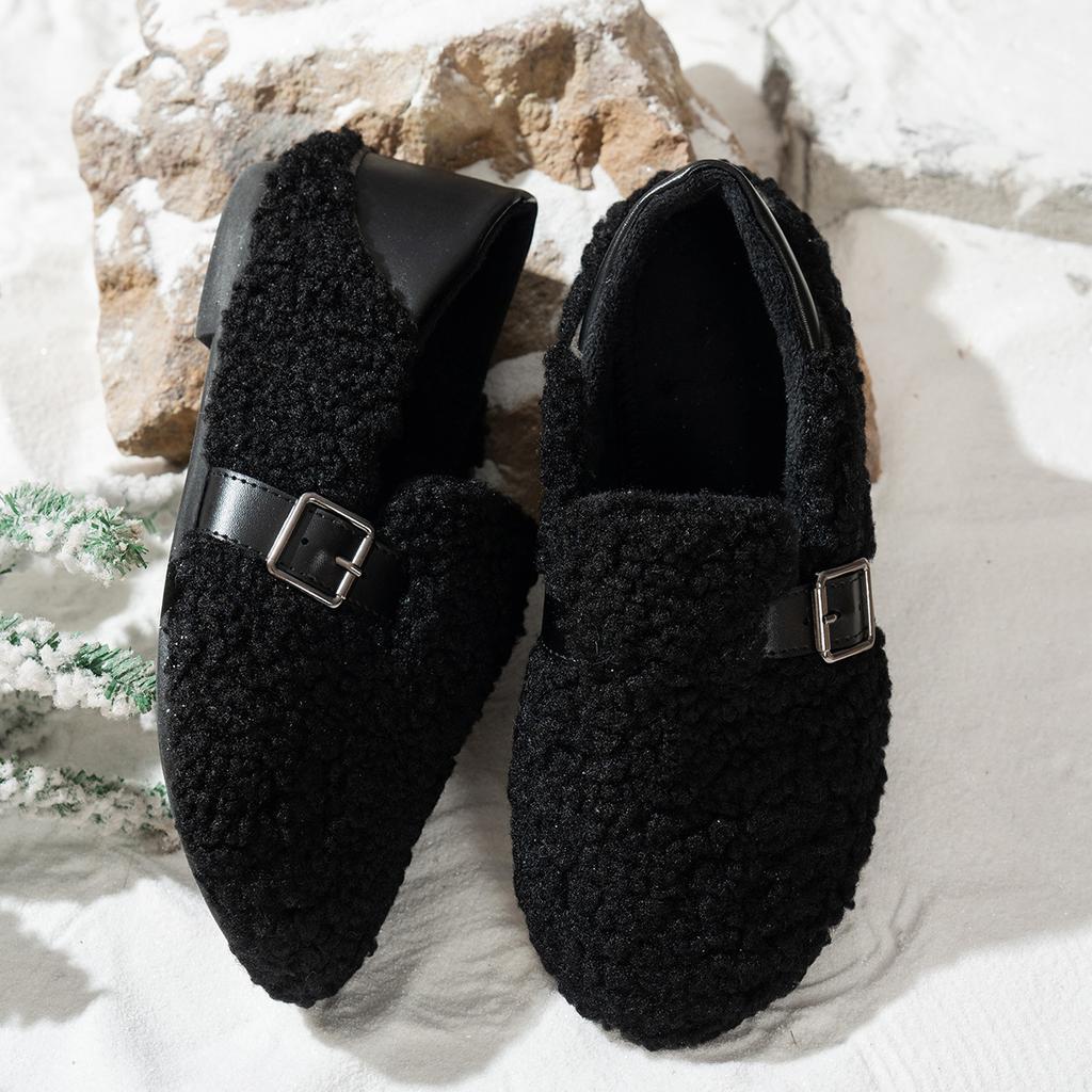 Women Fuzzy Shearling Mules Buckle Strap Fur Lined Slip On Warm Winter Casual Flat Loafers