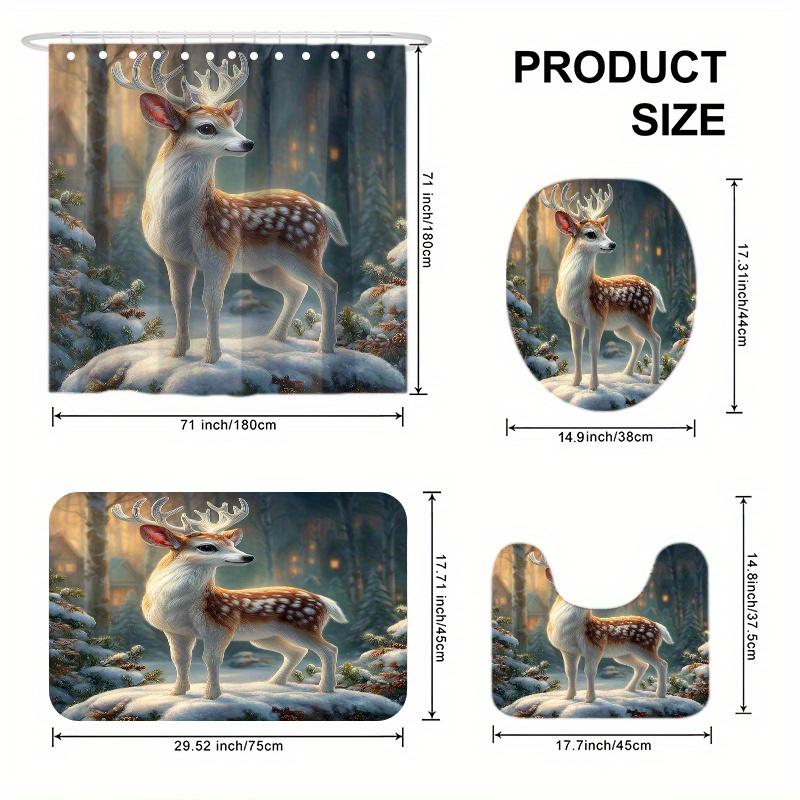 4pcs Snow Forest Deer Print Bathroom Set Includes Shower Curtain Non-Slip Mat Toilet Lid Cover and 12 Plastic Hooks Perfe