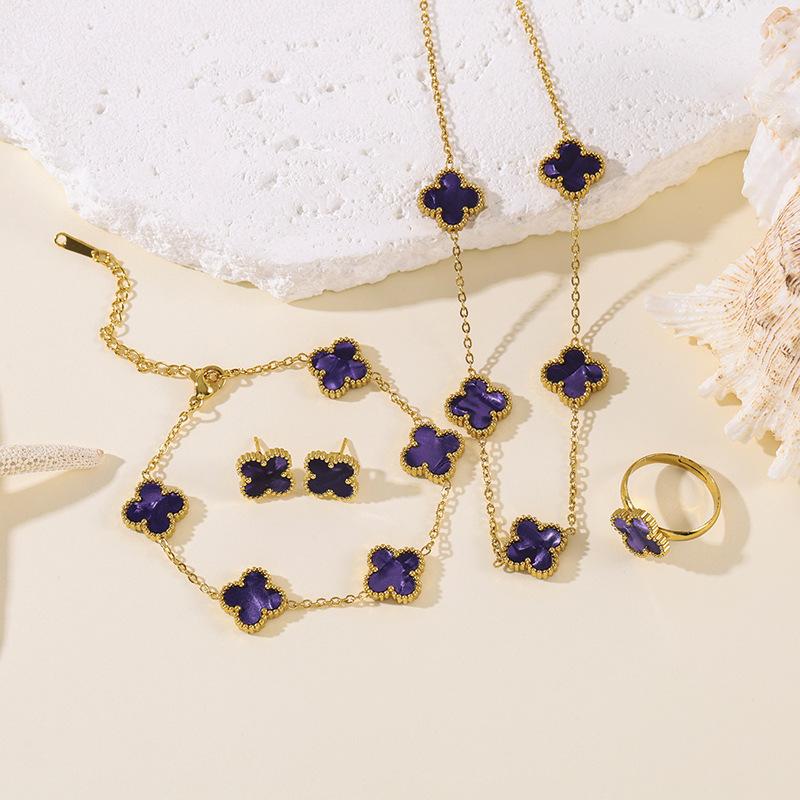 4pcs Four-Leaf Clover Four-Piece Set Including Necklace, Bracelet, Earrings and Ring, Versatile Lucky Five-Petal Fashion Jewelry