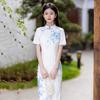 Elegant White Modern Chinese Qipao Dress Women Long Length Short Sleeve Vintage Style With Side Slit Stand Collar
