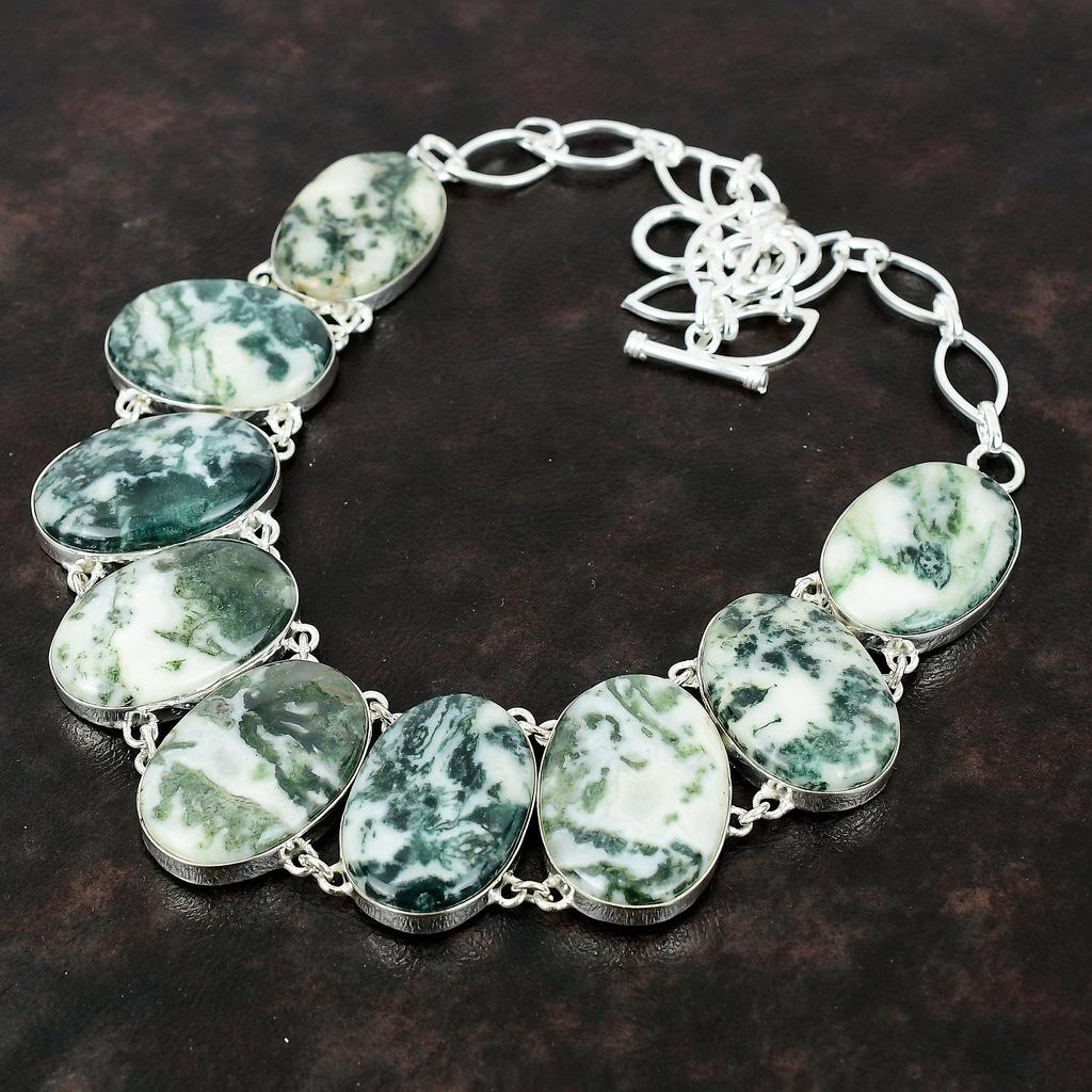 Tree Agate Necklace Handmade Ethnic Jewelry 925 Sterling Silver Necklace Adjustable Chain Necklace Gift For Women Brand New Gemstone Jewelry