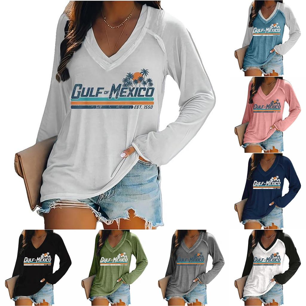 Women's Long Sleeved T-shirt V-neck Gradient Letter Printed Casual And Comfortable Top